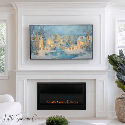 Snowy Christmas Village Bridge Frame TV Art displayed on a TV