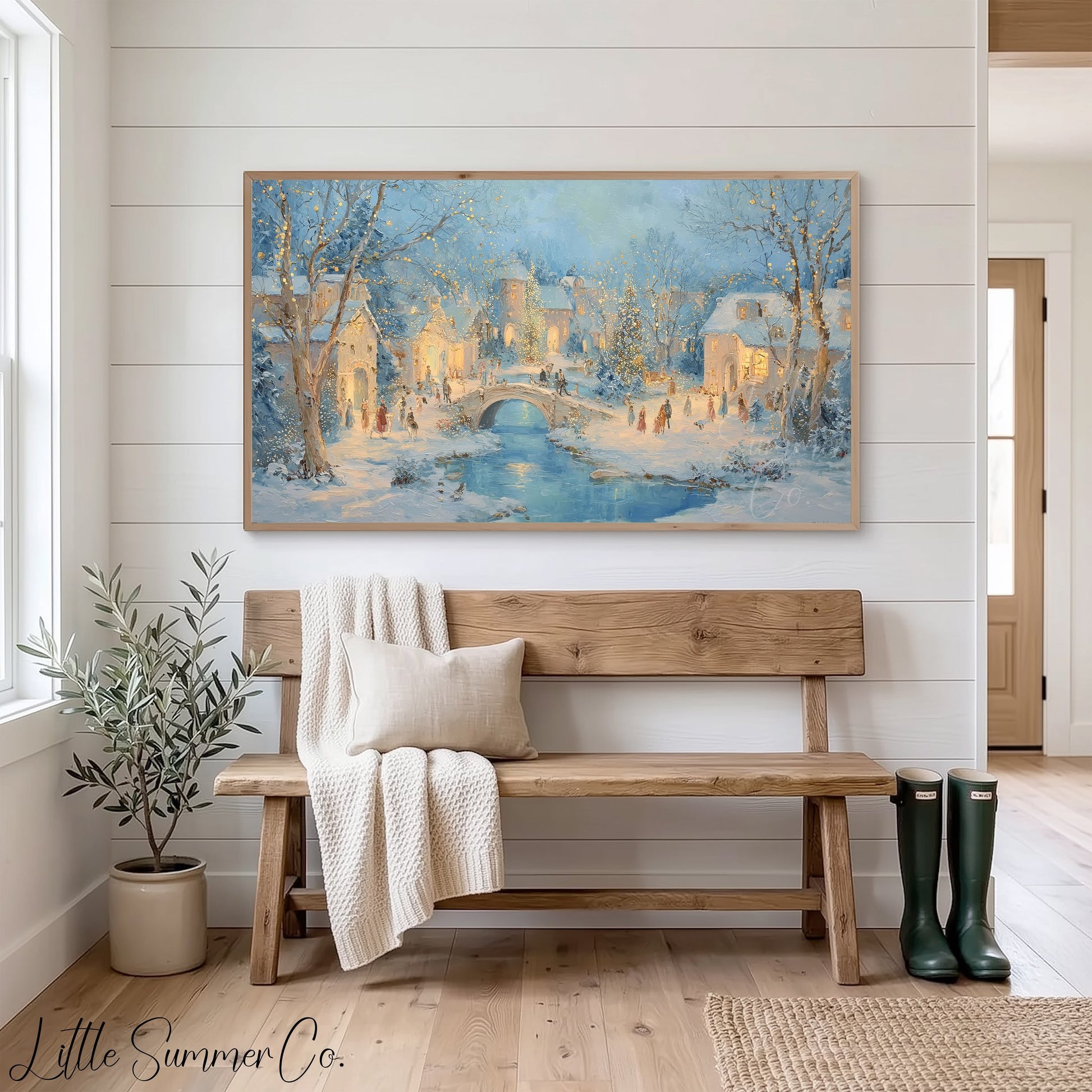 Snowy Christmas Village Bridge Frame TV Art displayed on a TV