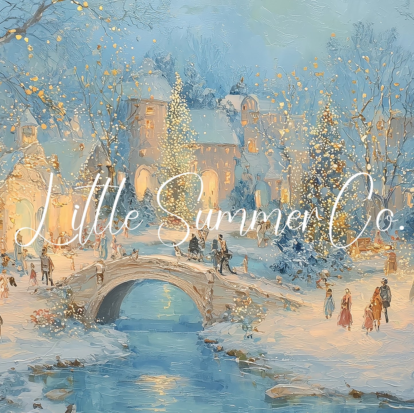 Snowy Christmas Village Bridge Frame TV Art displayed on a TV