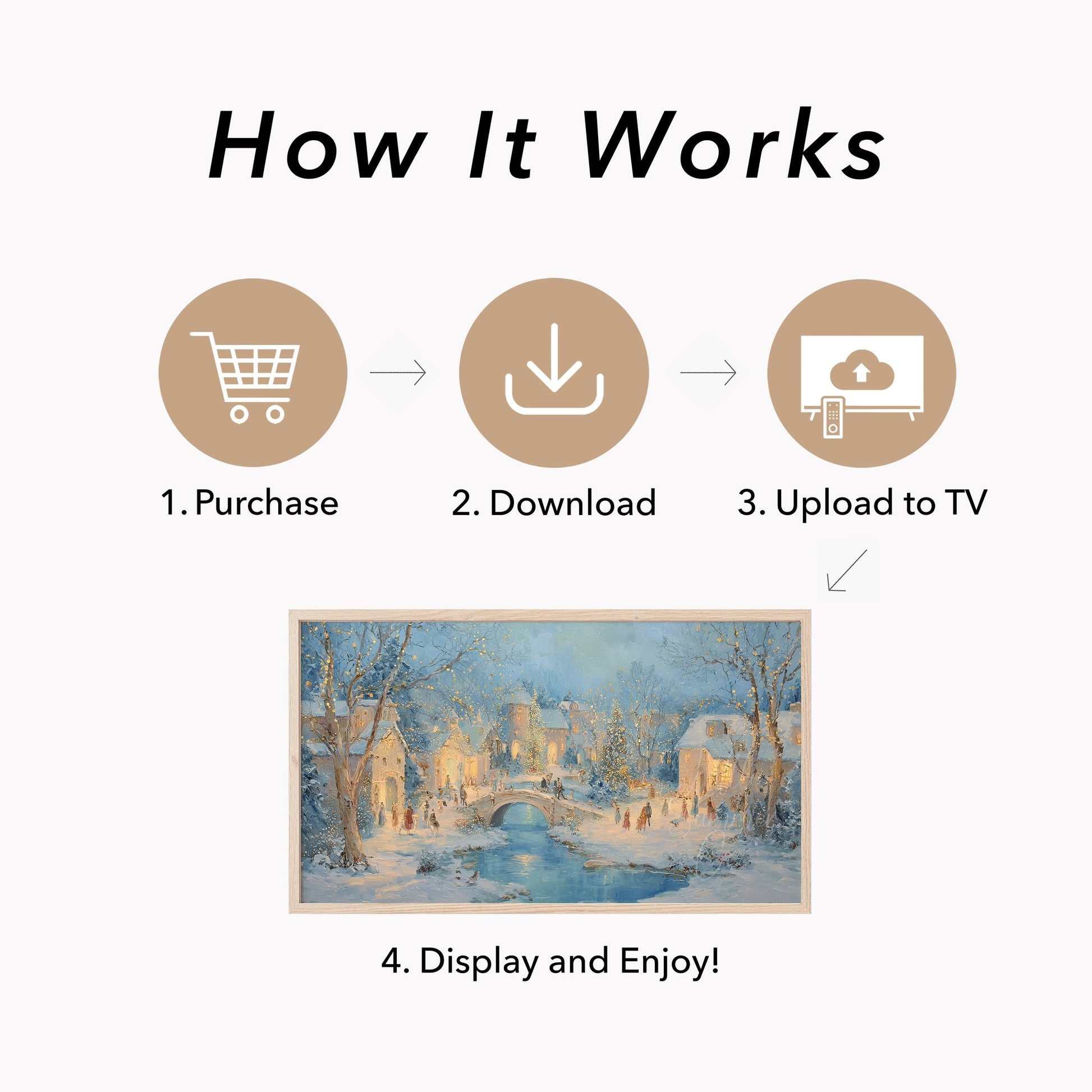 Snowy Christmas Village Bridge Frame TV Art displayed on a TV