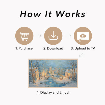 Snowy Christmas Village Bridge Frame TV Art displayed on a TV