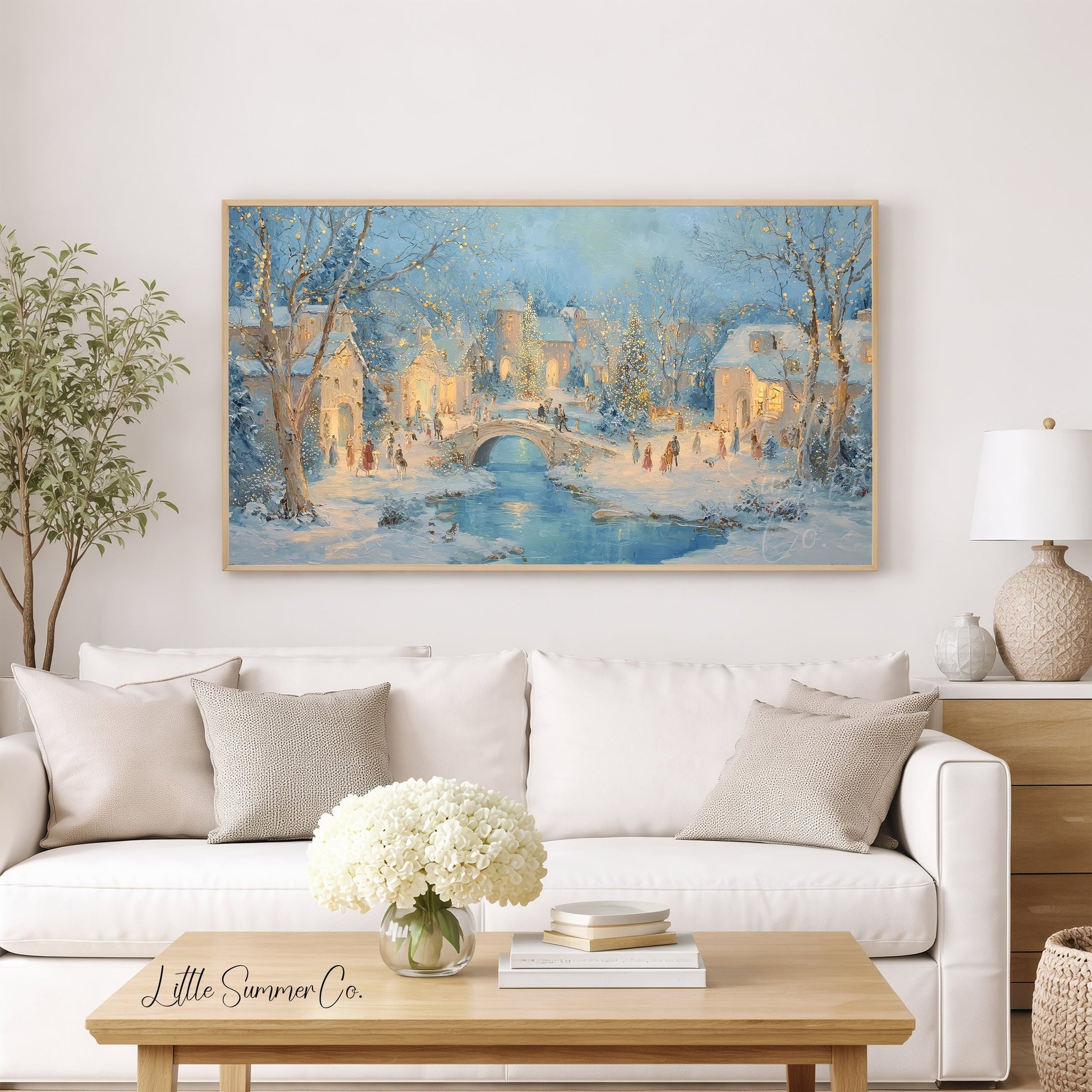 Snowy Christmas Village Bridge Frame TV Art displayed on a TV