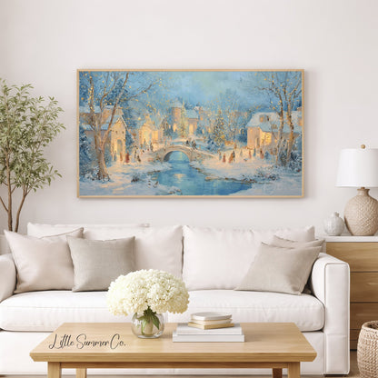 Snowy Christmas Village Bridge Frame TV Art displayed on a TV