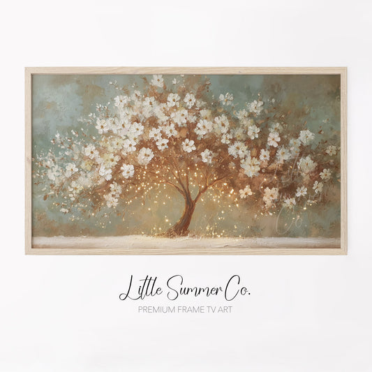 White Blossom Tree With Lights Frame TV Art displayed on a TV