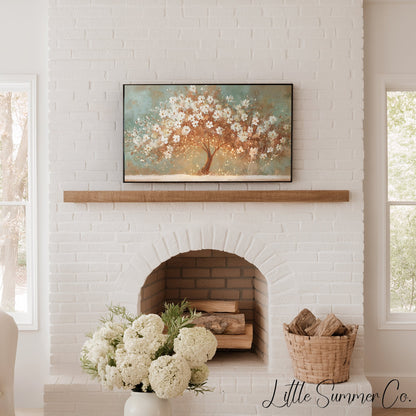 White Blossom Tree With Lights Frame TV Art displayed on a TV
