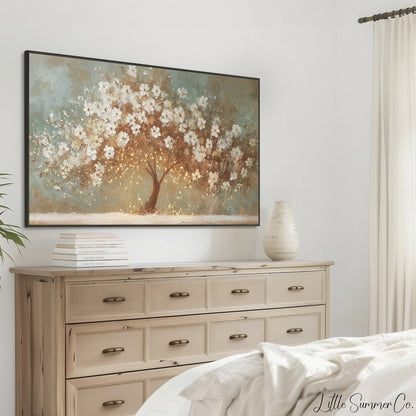 White Blossom Tree With Lights Frame TV Art displayed on a TV