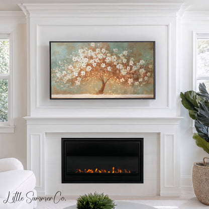 White Blossom Tree With Lights Frame TV Art displayed on a TV