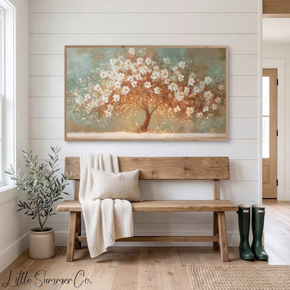 White Blossom Tree With Lights Frame TV Art displayed on a TV