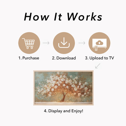 White Blossom Tree With Lights Frame TV Art displayed on a TV