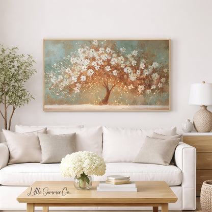White Blossom Tree With Lights Frame TV Art displayed on a TV