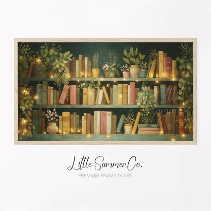 Teal Bookshelf with Fairy Lights Frame TV Art displayed on a TV