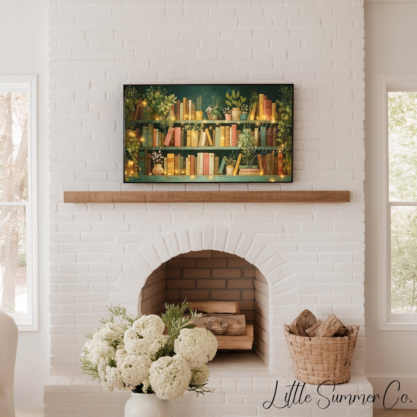 Teal Bookshelf with Fairy Lights Frame TV Art displayed on a TV