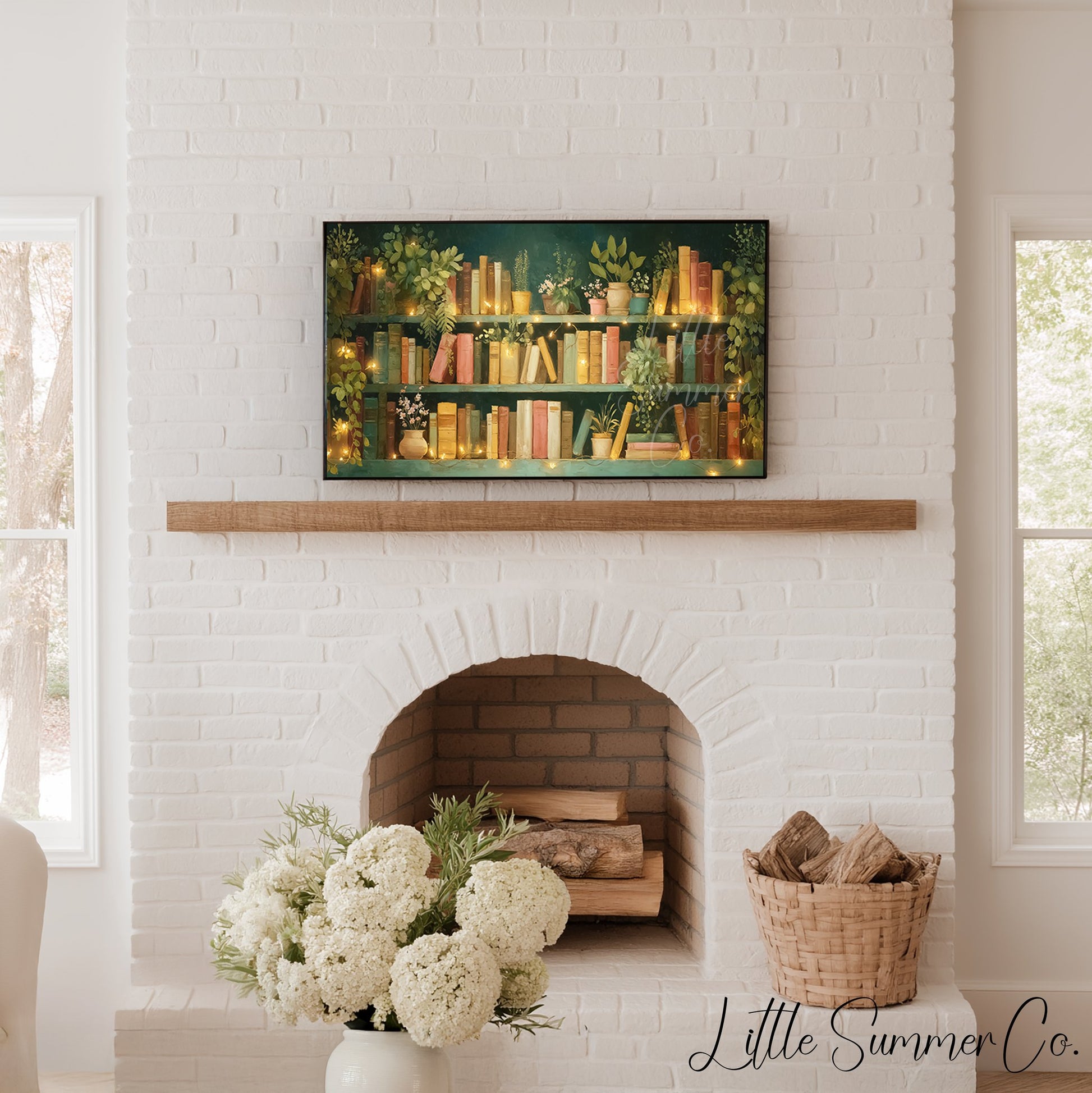 Teal Bookshelf with Fairy Lights Frame TV Art displayed on a TV