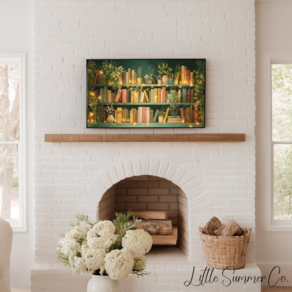 Teal Bookshelf with Fairy Lights Frame TV Art displayed on a TV