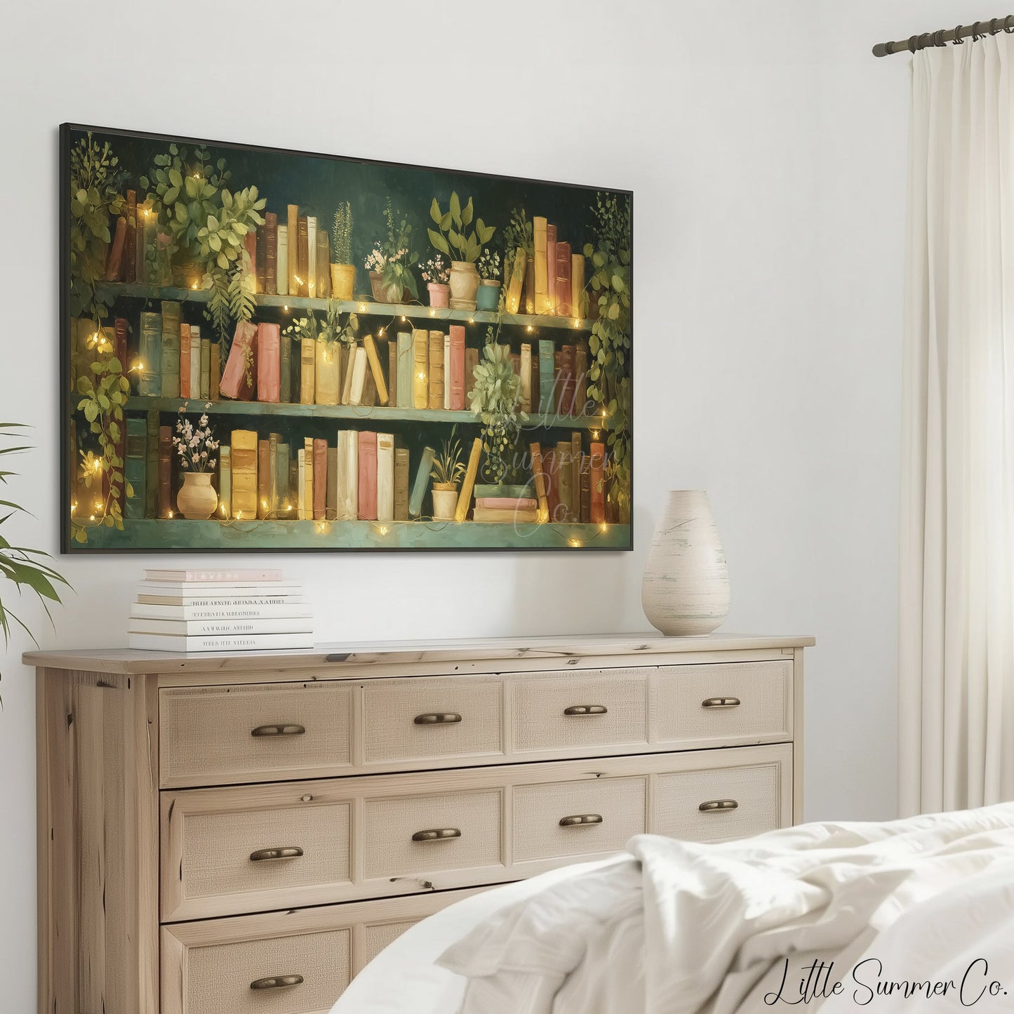 Teal Bookshelf with Fairy Lights Frame TV Art displayed on a TV