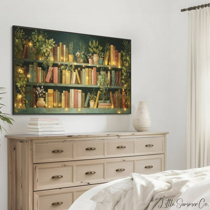 Teal Bookshelf with Fairy Lights Frame TV Art displayed on a TV