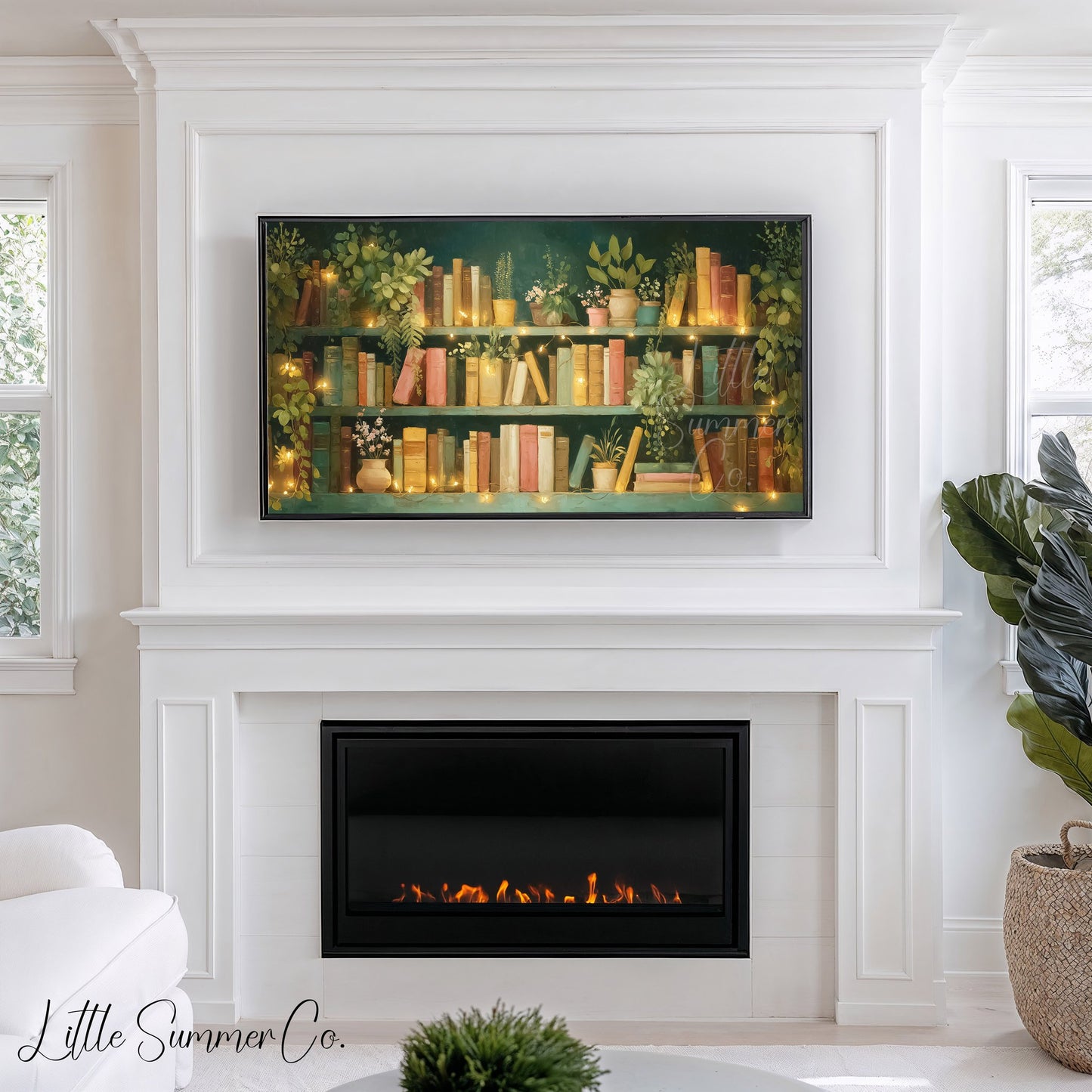 Teal Bookshelf with Fairy Lights Frame TV Art displayed on a TV