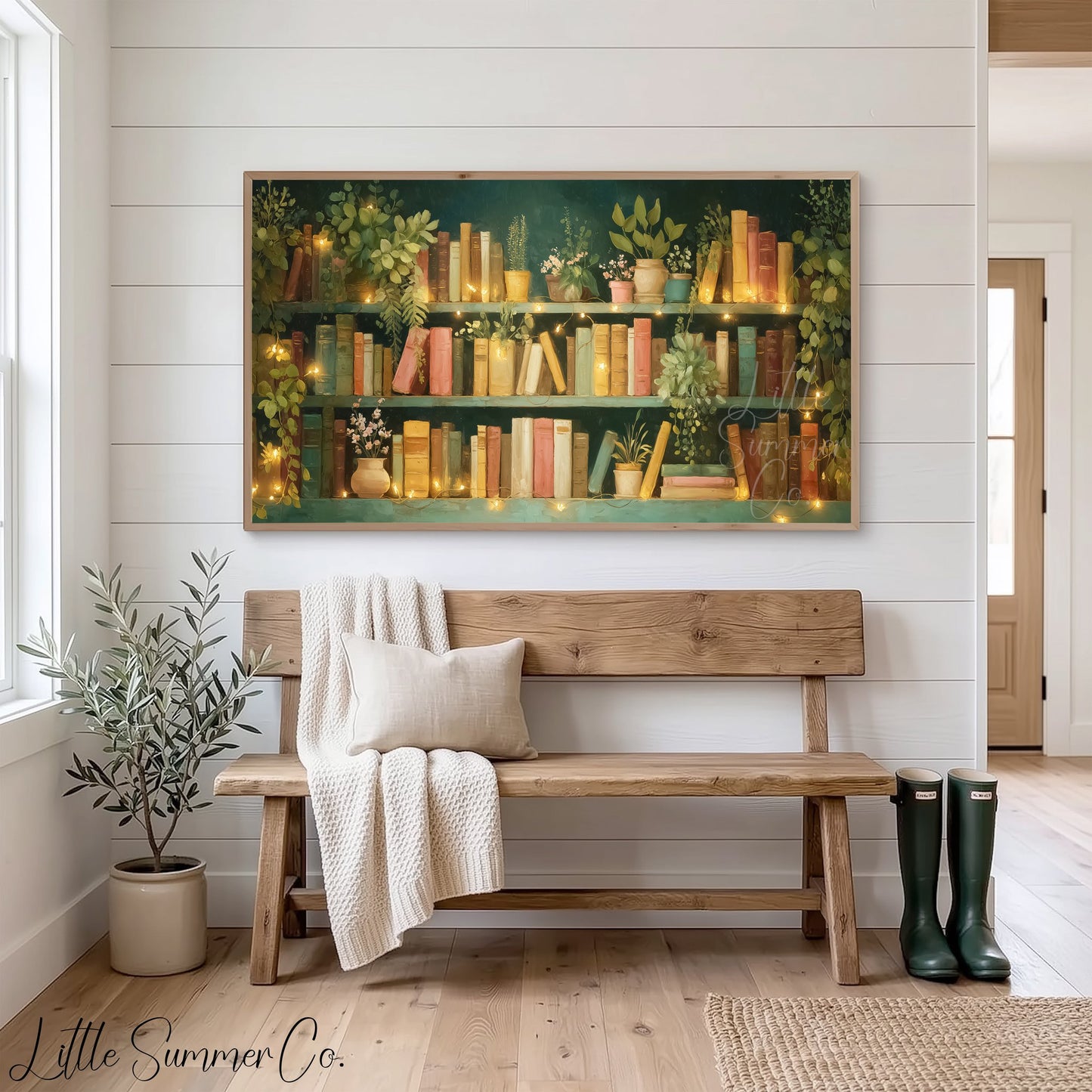 Teal Bookshelf with Fairy Lights Frame TV Art displayed on a TV