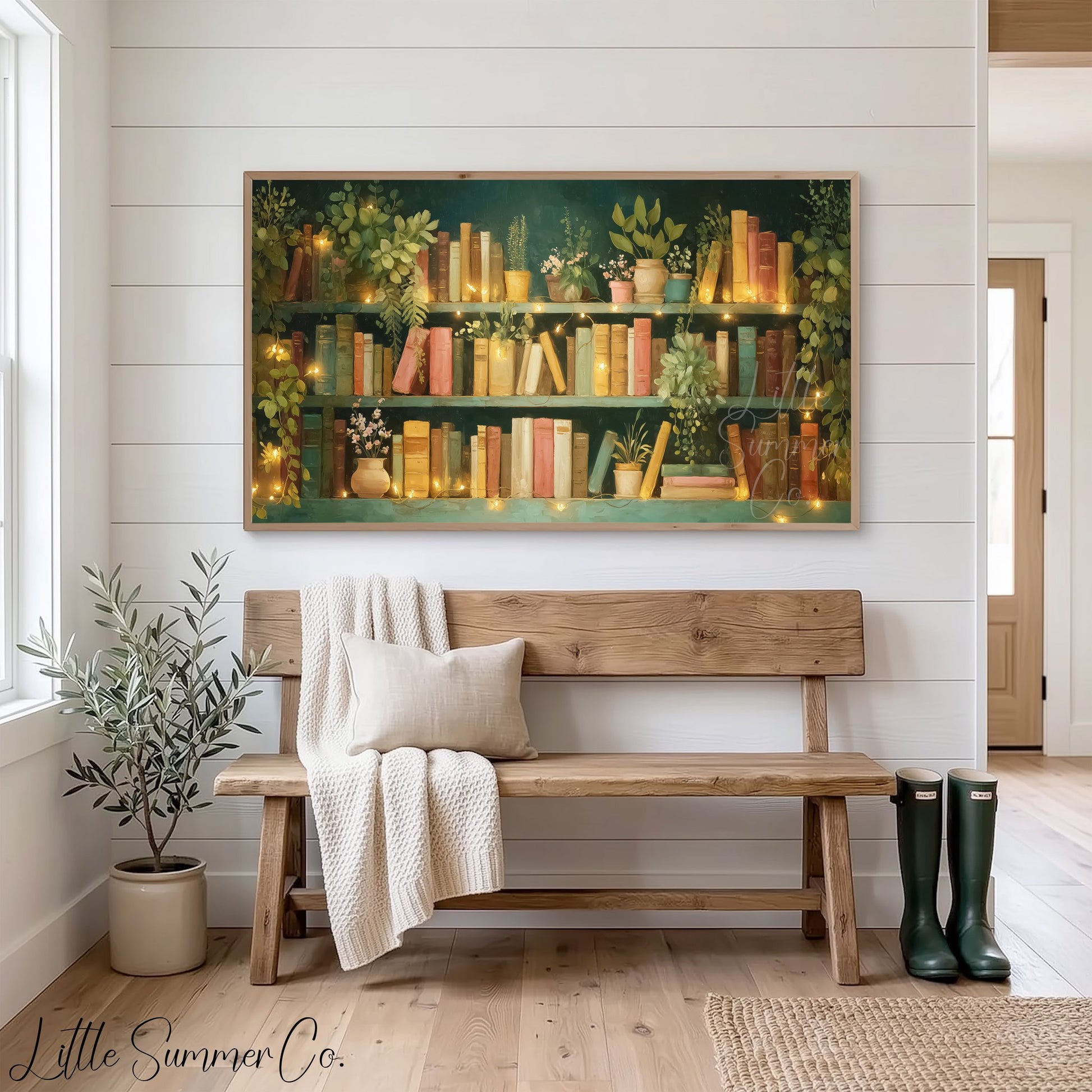Teal Bookshelf with Fairy Lights Frame TV Art displayed on a TV