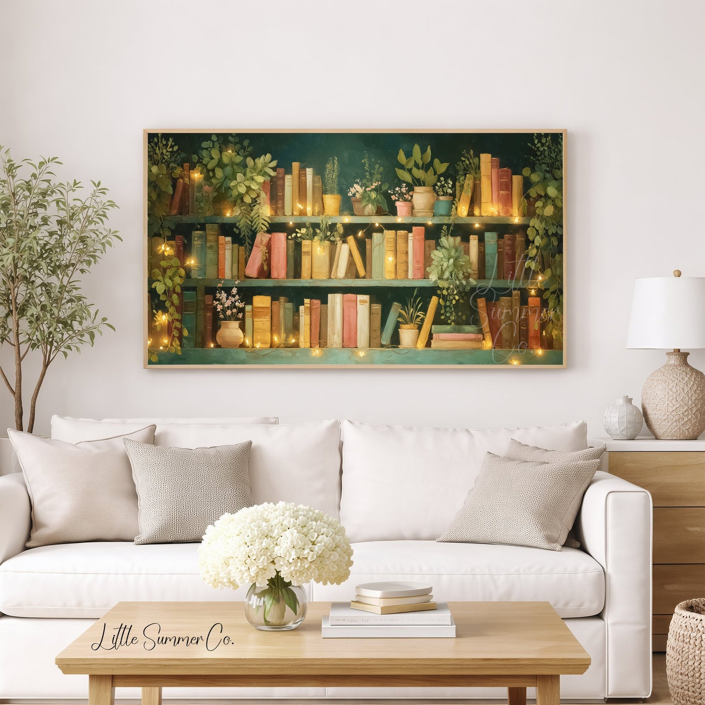 Teal Bookshelf with Fairy Lights Frame TV Art displayed on a TV