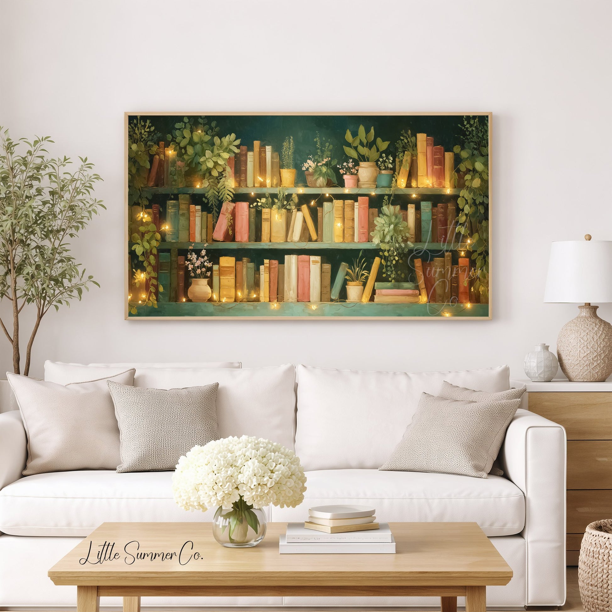 Teal Bookshelf with Fairy Lights Frame TV Art displayed on a TV