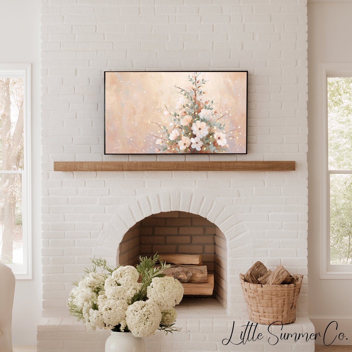 Floral Christmas Tree Neutral Frame TV Art displayed on a TV
