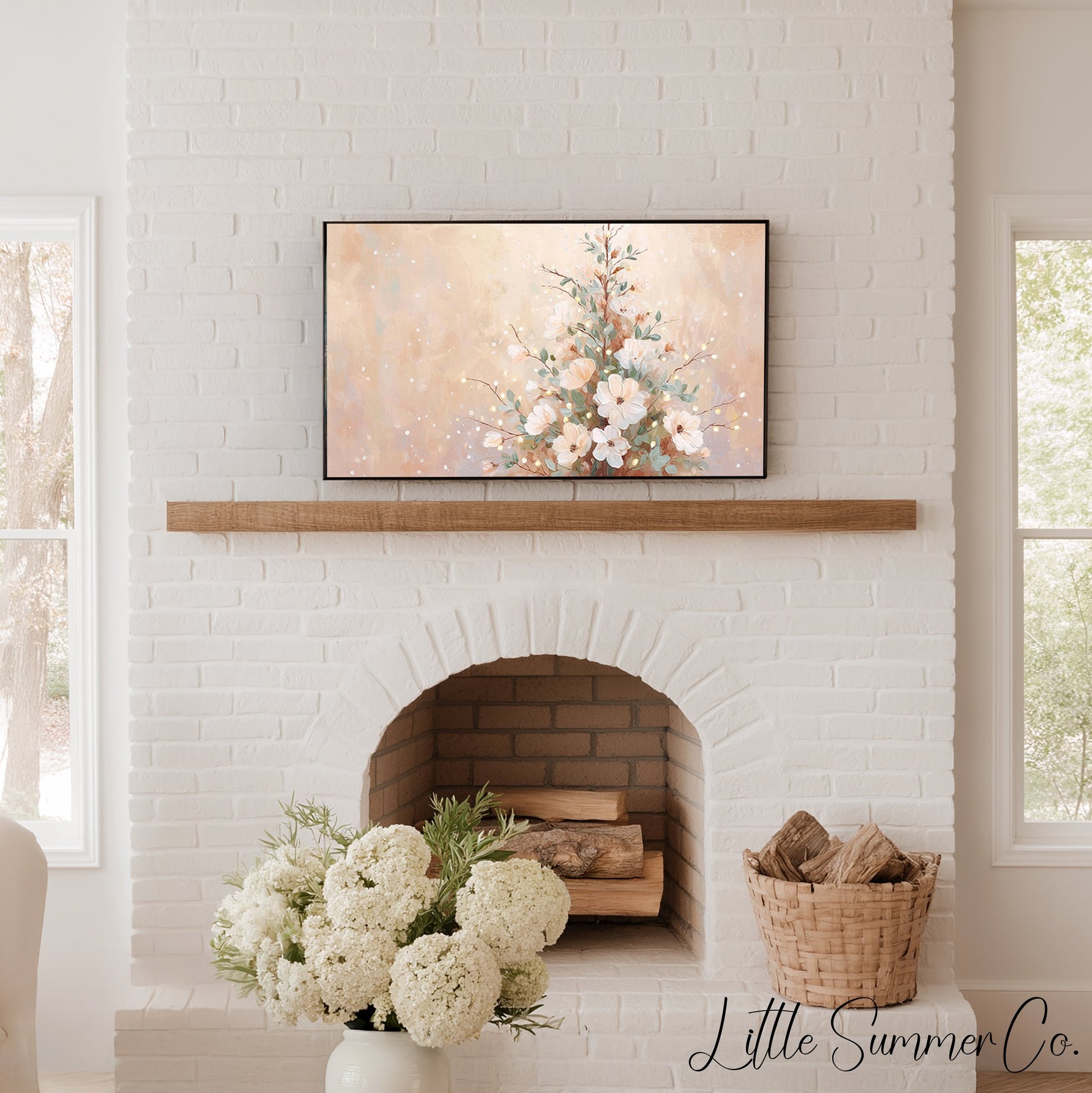 Floral Christmas Tree Neutral Frame TV Art displayed on a TV