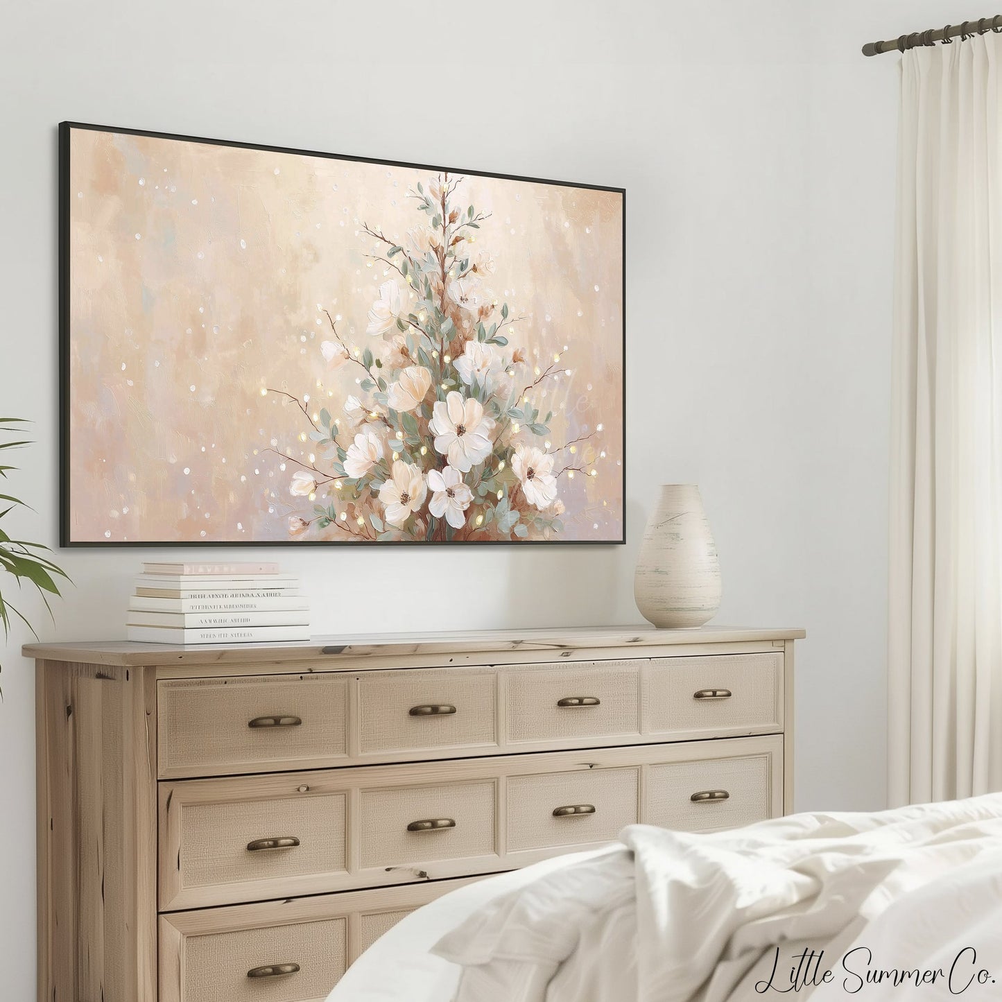 Floral Christmas Tree Neutral Frame TV Art displayed on a TV