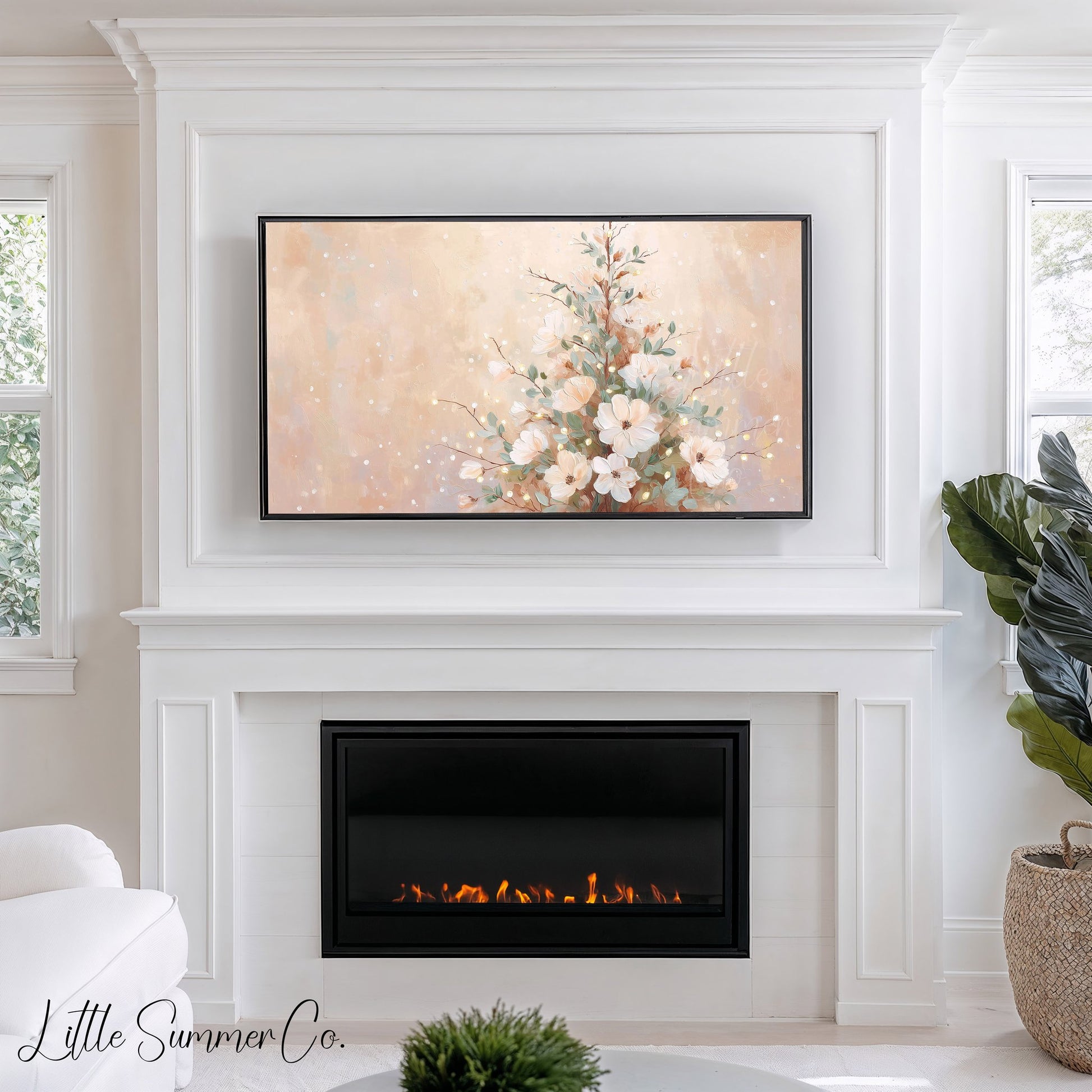 Floral Christmas Tree Neutral Frame TV Art displayed on a TV