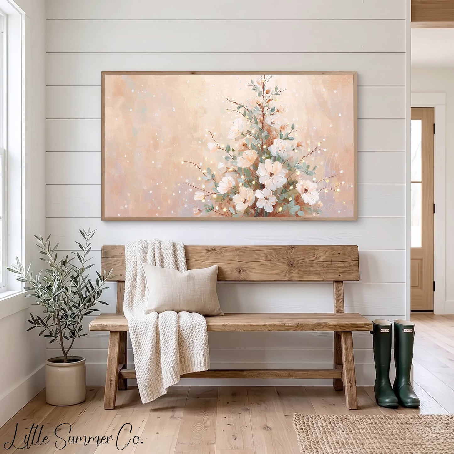 Floral Christmas Tree Neutral Frame TV Art displayed on a TV