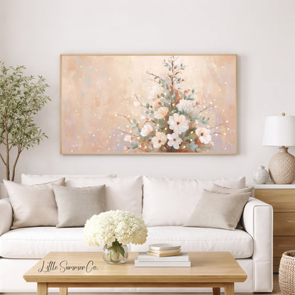 Floral Christmas Tree Neutral Frame TV Art displayed on a TV