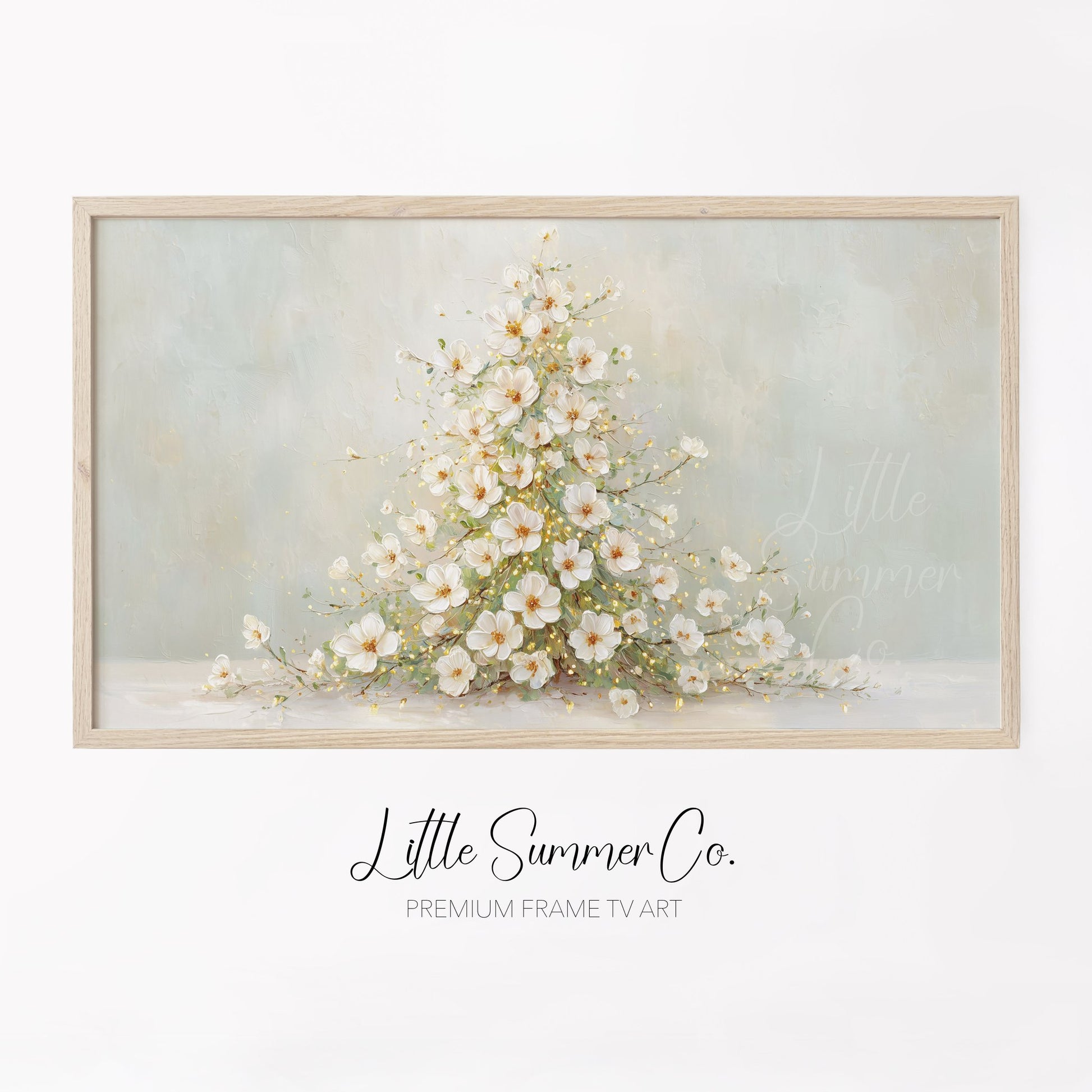 White Blossom Christmas Tree Frame TV Art displayed on a TV
