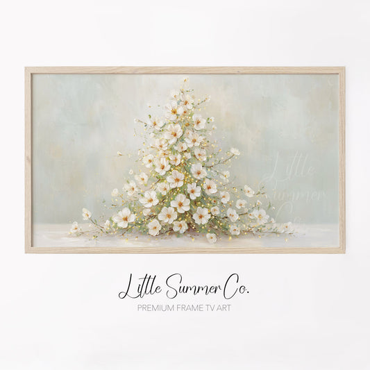 White Blossom Christmas Tree Frame TV Art displayed on a TV
