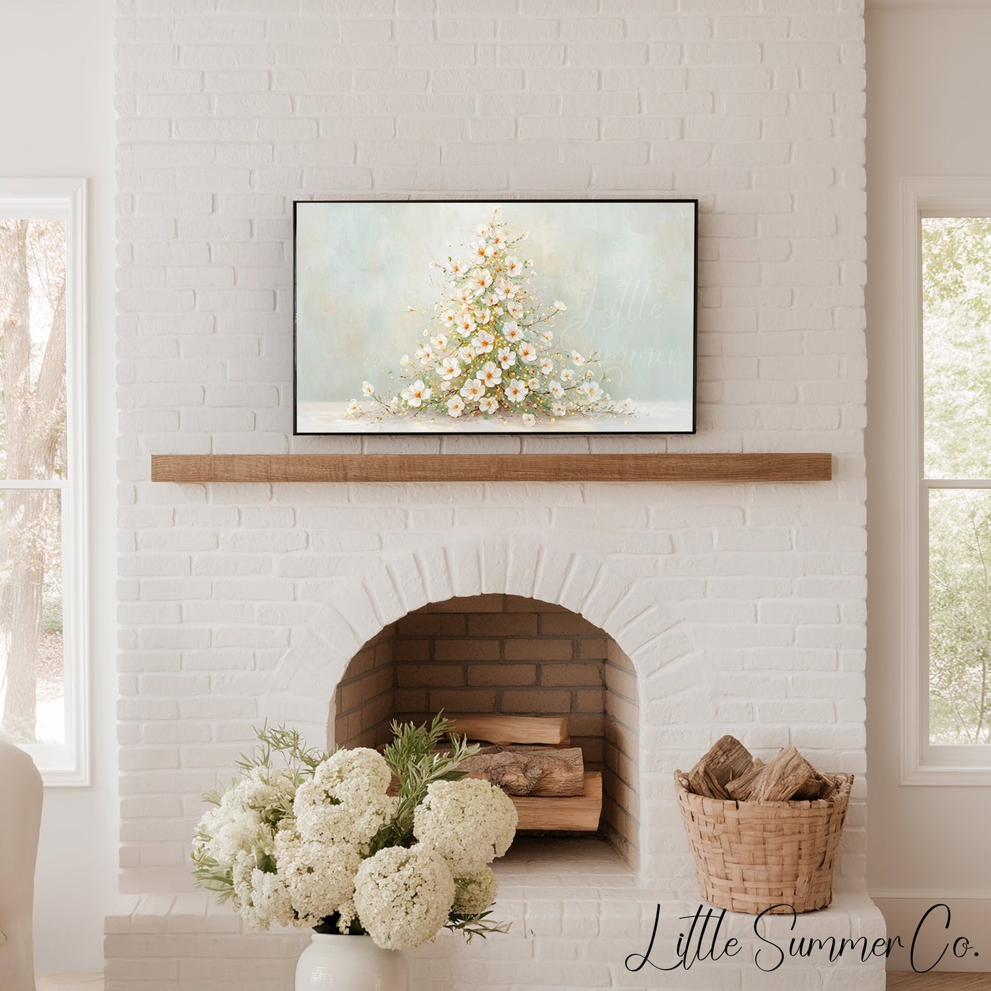White Blossom Christmas Tree Frame TV Art displayed on a TV