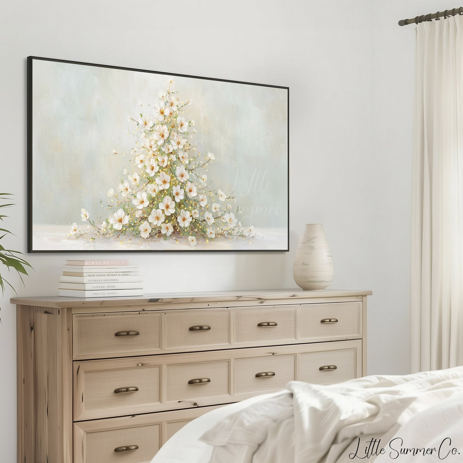 White Blossom Christmas Tree Frame TV Art displayed on a TV