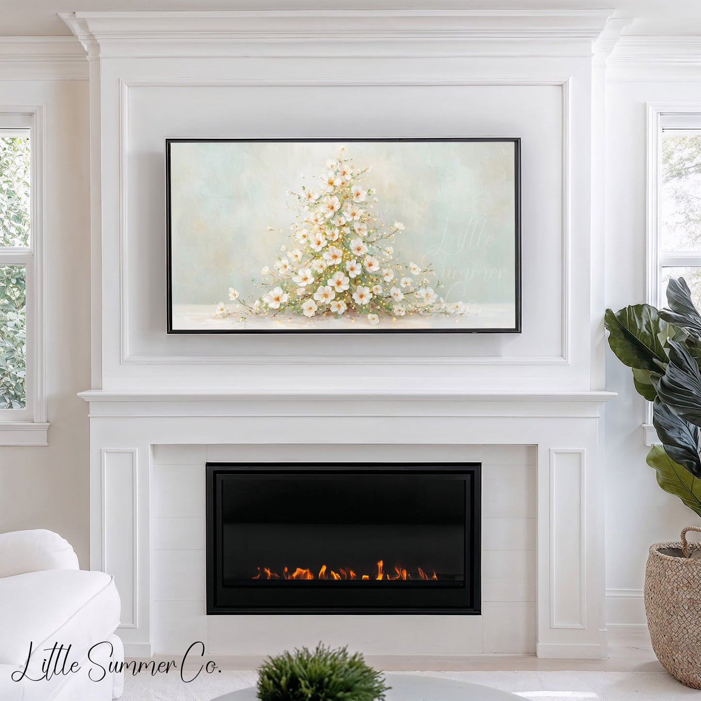 White Blossom Christmas Tree Frame TV Art displayed on a TV
