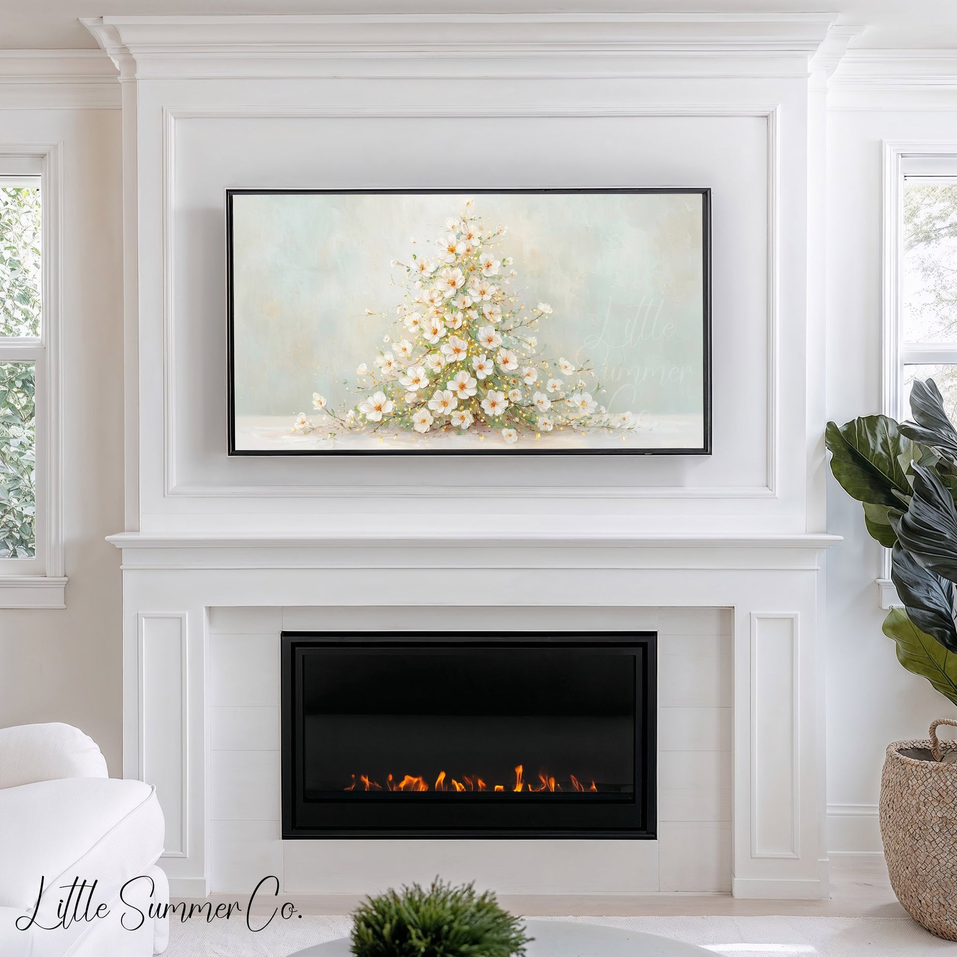 White Blossom Christmas Tree Frame TV Art displayed on a TV
