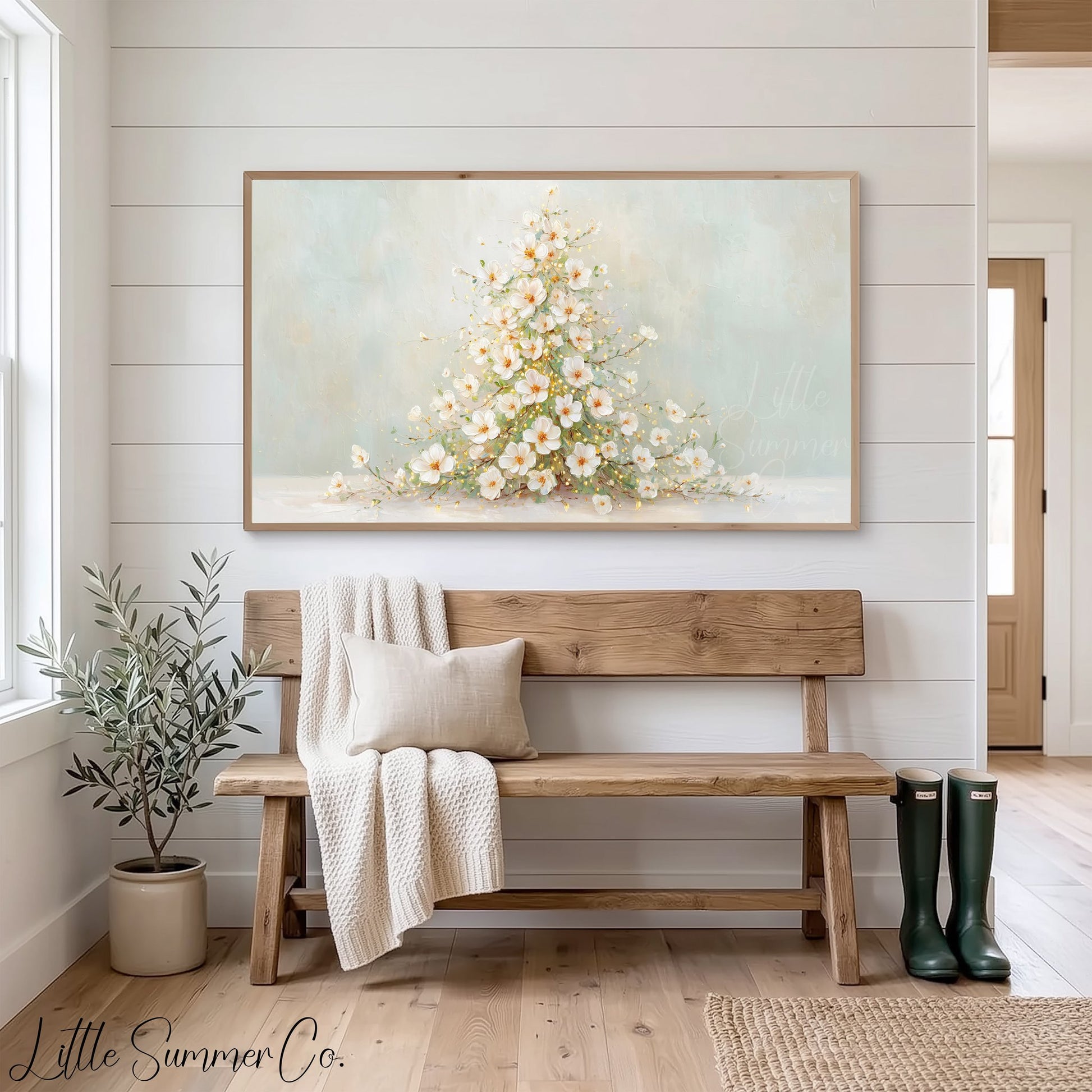 White Blossom Christmas Tree Frame TV Art displayed on a TV