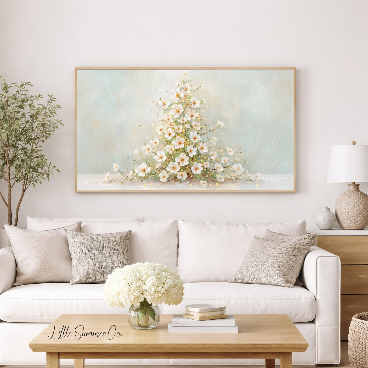 White Blossom Christmas Tree Frame TV Art displayed on a TV