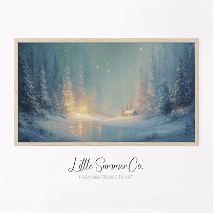 Enchanted Snowy Forest Cabin Frame TV Art displayed on a TV
