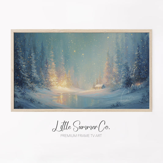 Enchanted Snowy Forest Cabin Frame TV Art displayed on a TV