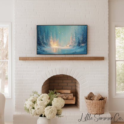 Enchanted Snowy Forest Cabin Frame TV Art displayed on a TV