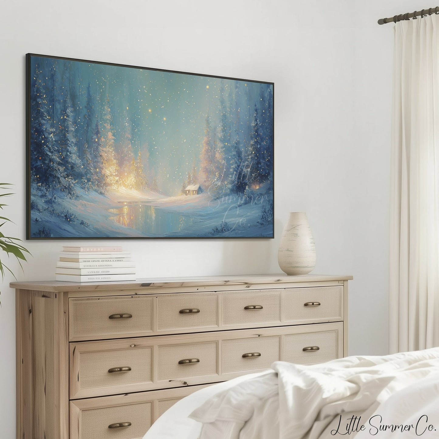 Enchanted Snowy Forest Cabin Frame TV Art displayed on a TV