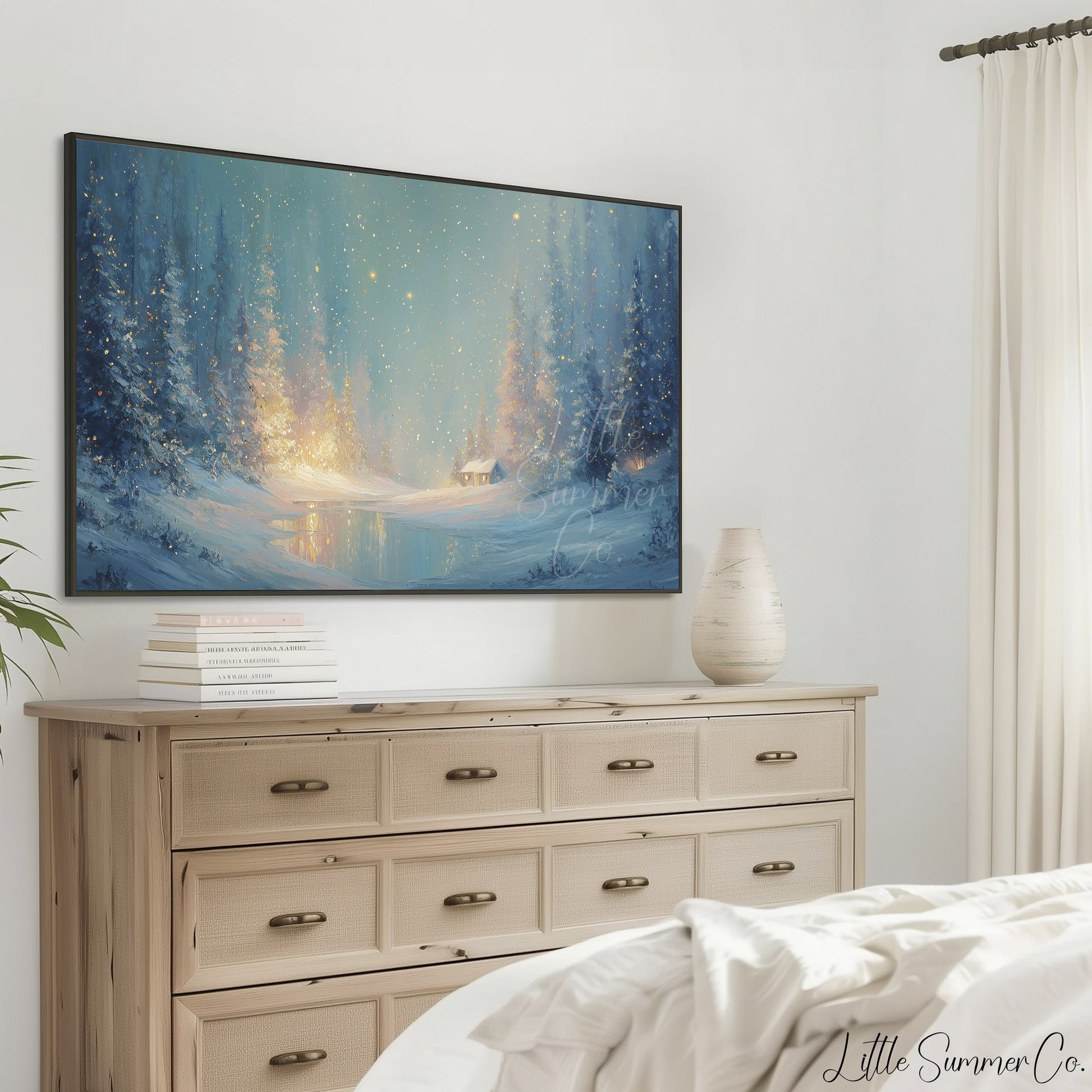 Enchanted Snowy Forest Cabin Frame TV Art displayed on a TV