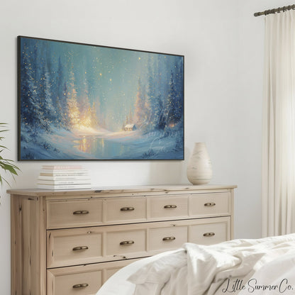 Enchanted Snowy Forest Cabin Frame TV Art displayed on a TV