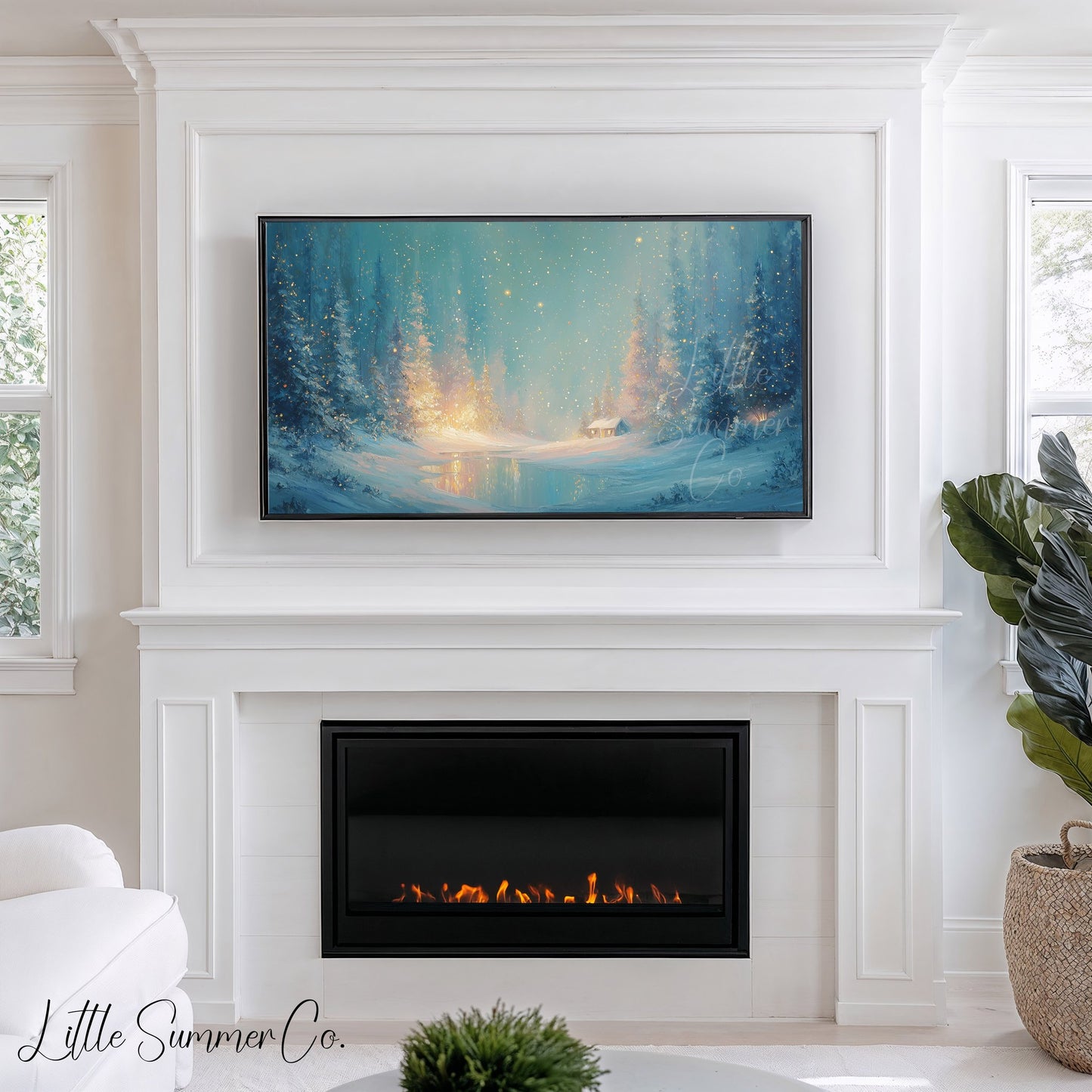 Enchanted Snowy Forest Cabin Frame TV Art displayed on a TV