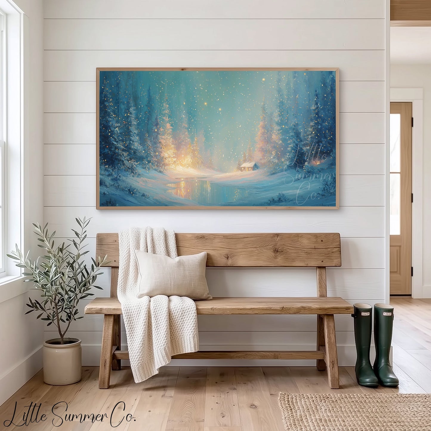 Enchanted Snowy Forest Cabin Frame TV Art displayed on a TV