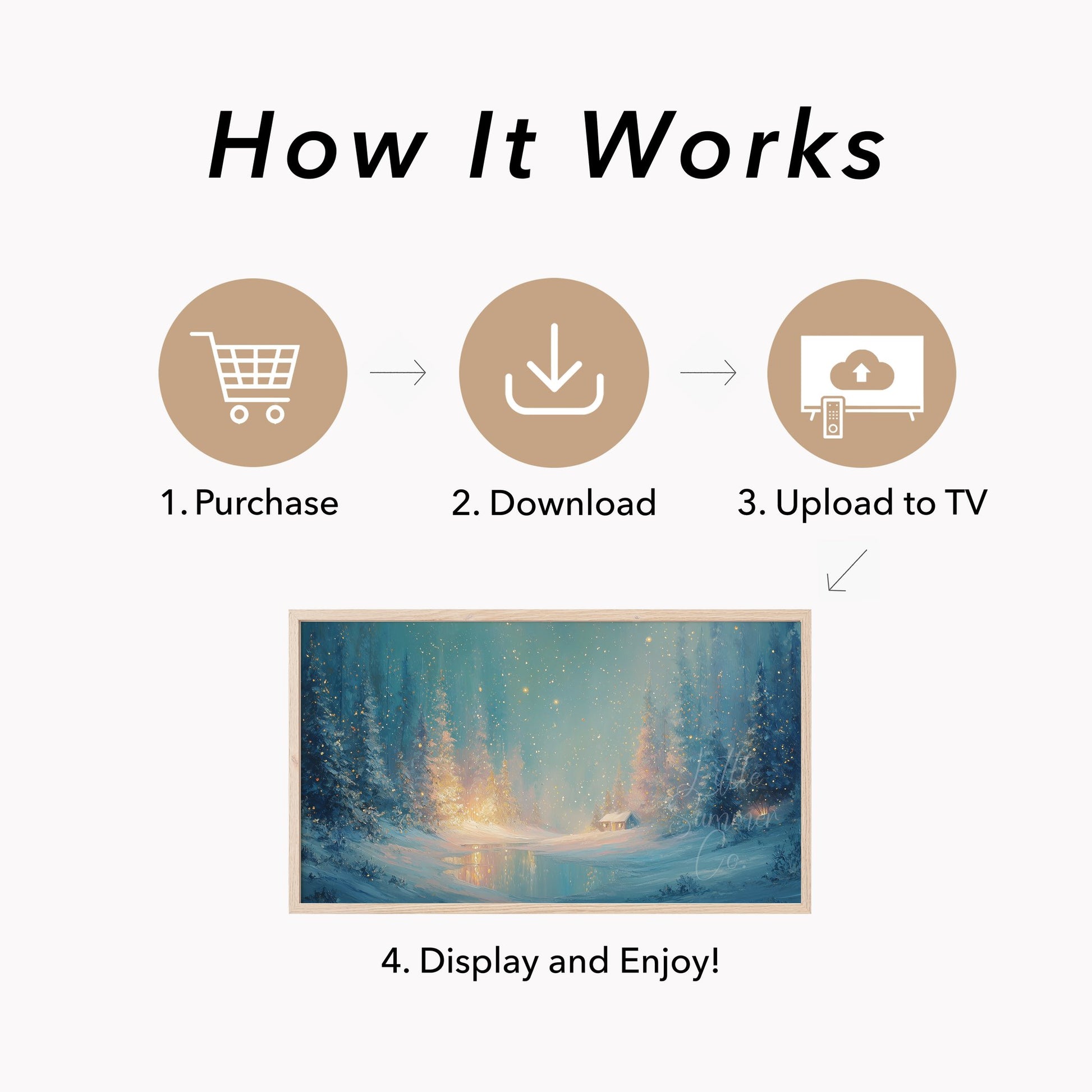Enchanted Snowy Forest Cabin Frame TV Art displayed on a TV
