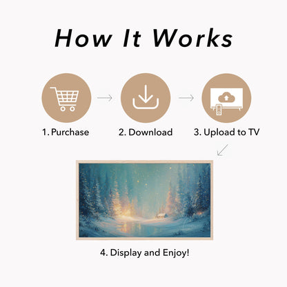 Enchanted Snowy Forest Cabin Frame TV Art displayed on a TV