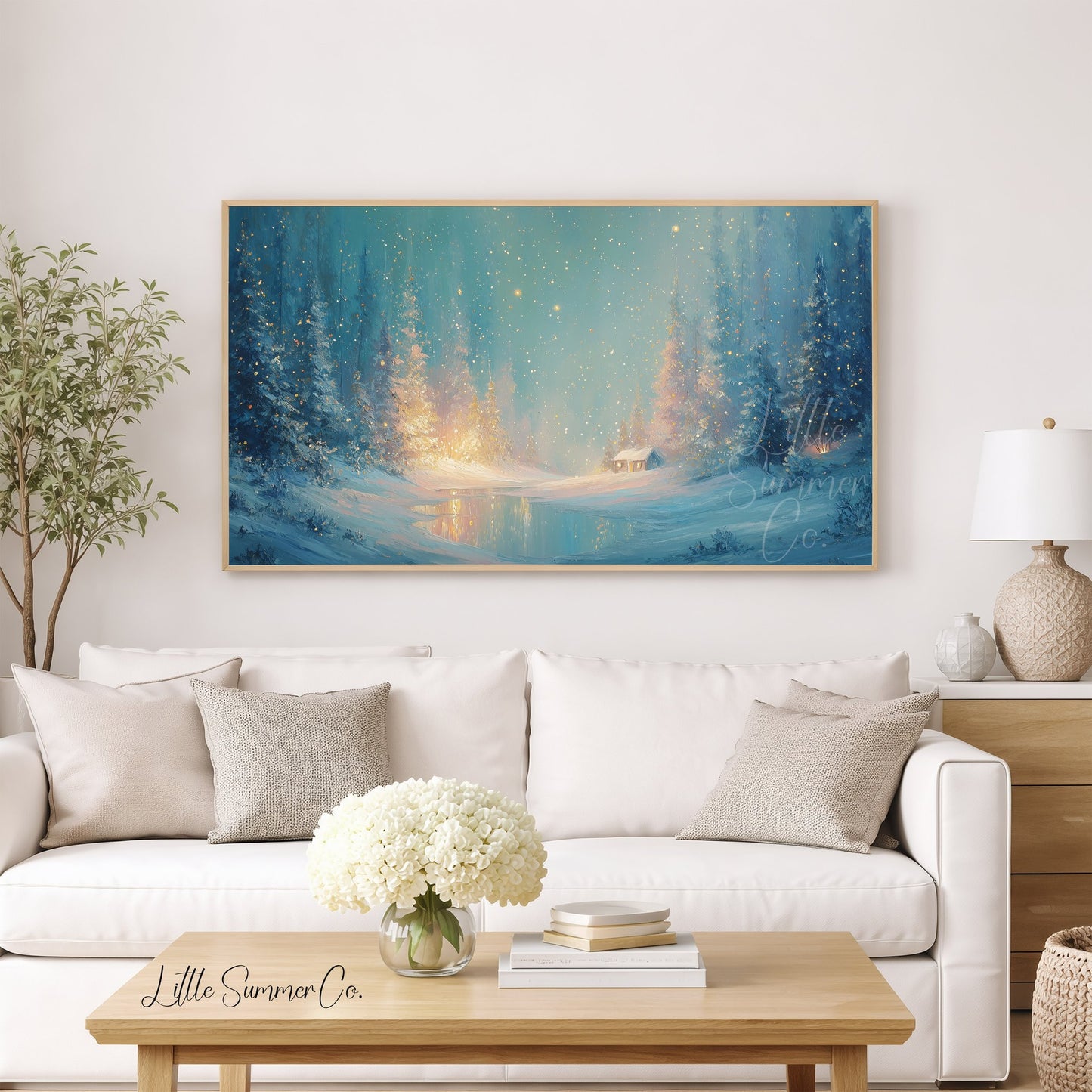 Enchanted Snowy Forest Cabin Frame TV Art displayed on a TV